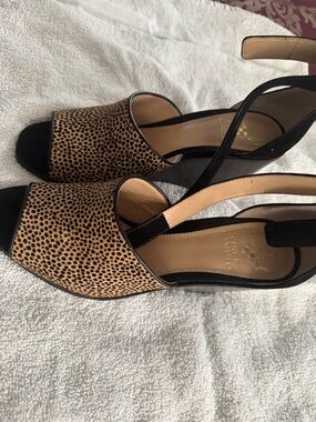 Vince Camuto Leopard-Print Peep Toe Wedge Sandals - Tan & Black